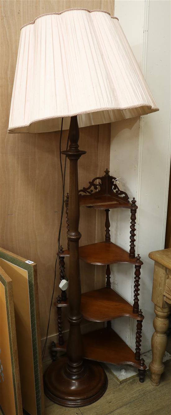A corner whatnot and standard lamp W.58 and 38cm